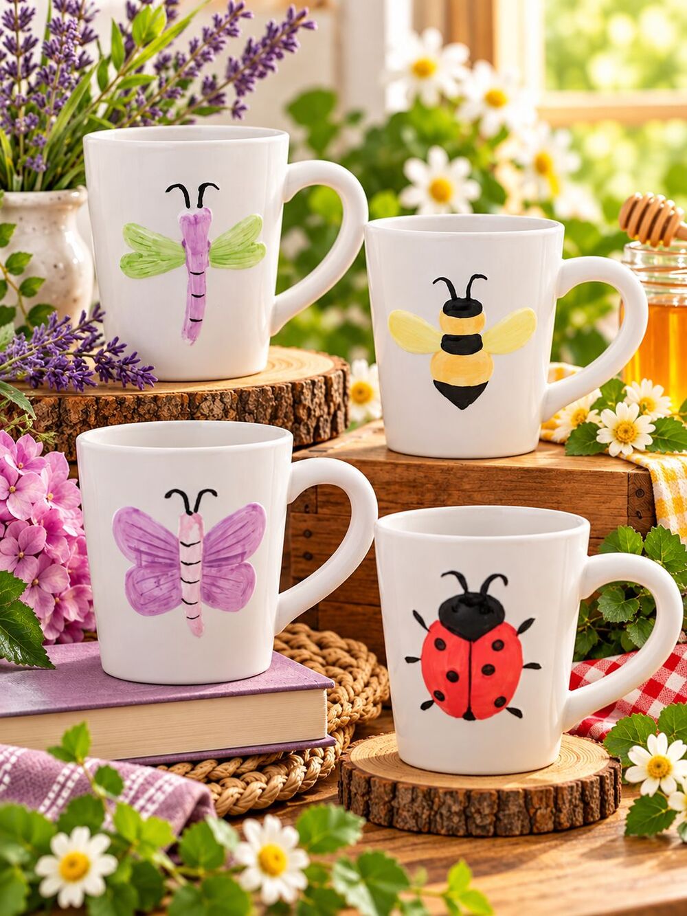 Set of 4 Hand Painted Insect Mugs Bee Ladybug Butterfly Dragonfly White Ceramic